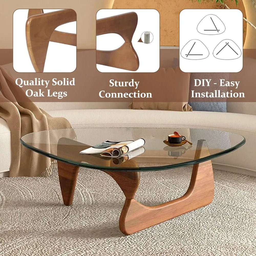 Triangle Glass Coffee Table with Wooden Base for Study Room Office Hotel