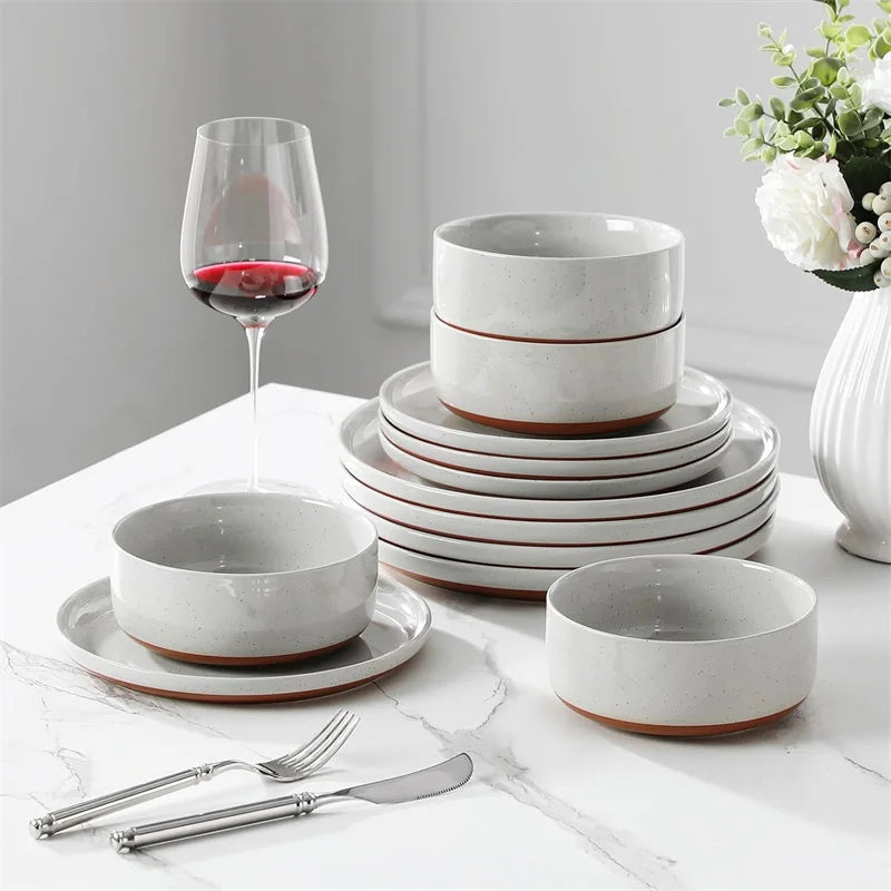 18Pcs Grey Ceramic Plates and Bowls Dinnerware Set.