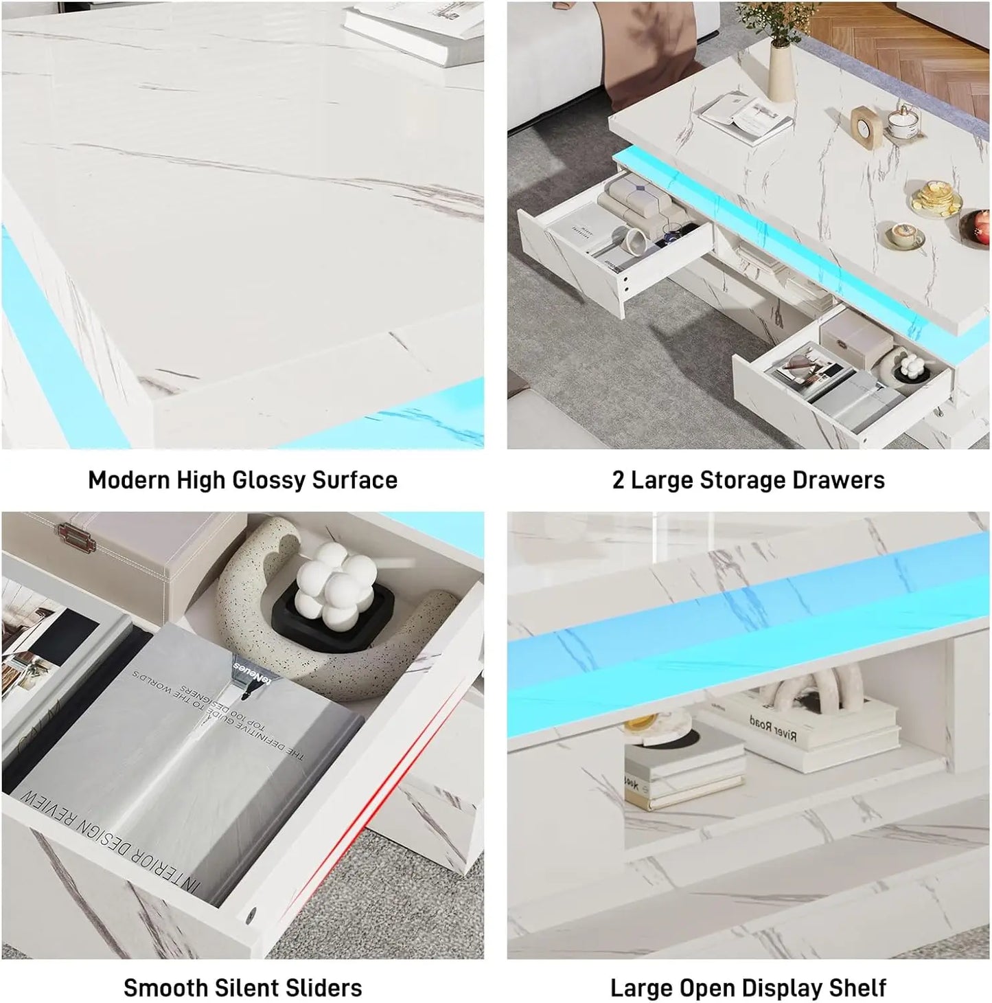 47.2-inch High Glossy LED Coffee Table with 2 Sliding Drawers