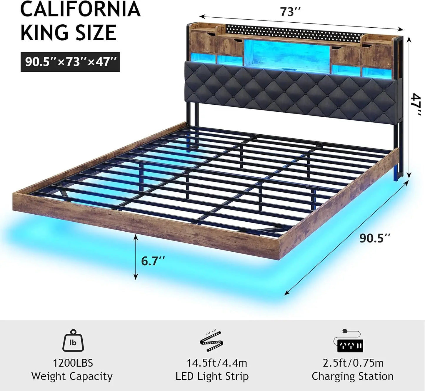 California King Floating Bed Frame with Storage Headboard