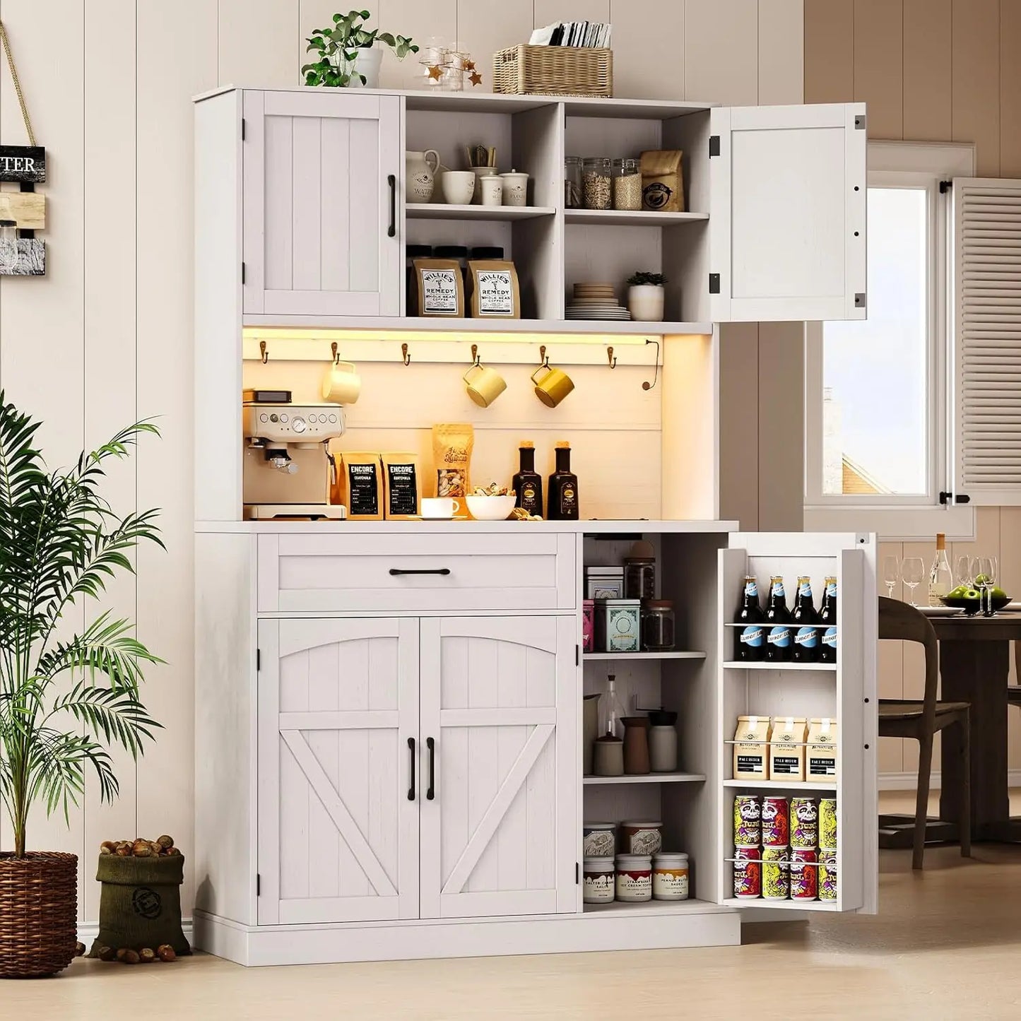 71" Kitchen Pantry Cabinet w/ LED Light & Outlet