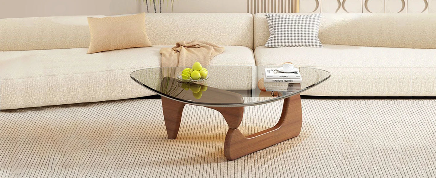 Triangle Glass Coffee Table with Wooden Base for Study Room Office Hotel