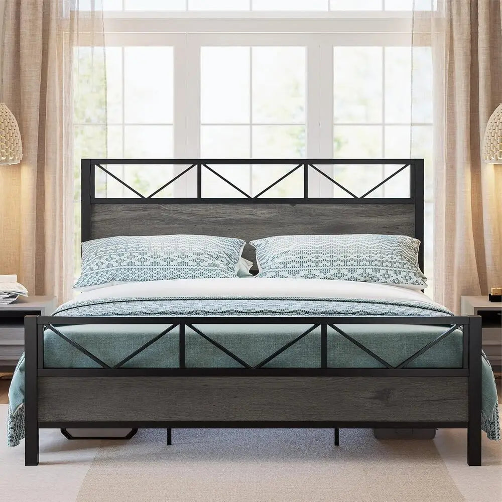 California King Bed Frame, 51.2 " Tall Industrial Headboard