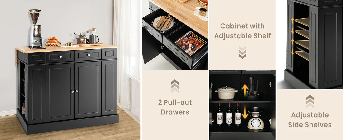 Kitchen island with 2 drawers, 5 adjustable shelves and spice rack