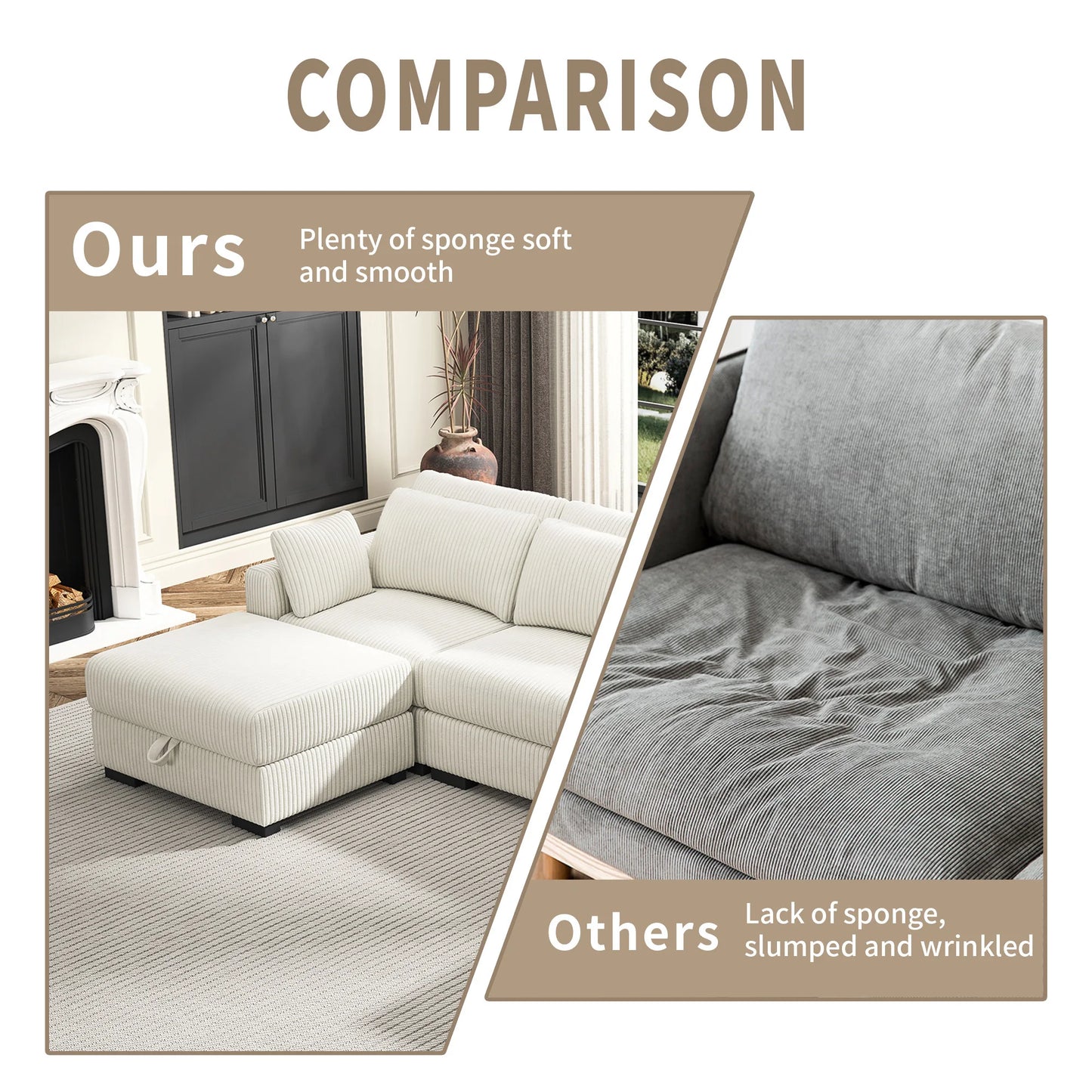Upholstered Sofa Made of Corduroy Fabric with Removable Cushions
