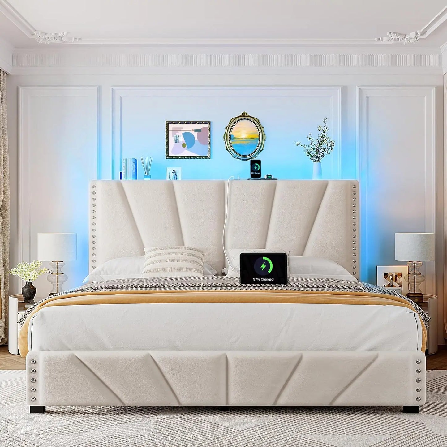 King Size Bed Frame with Velvet Headboard and LED Lights