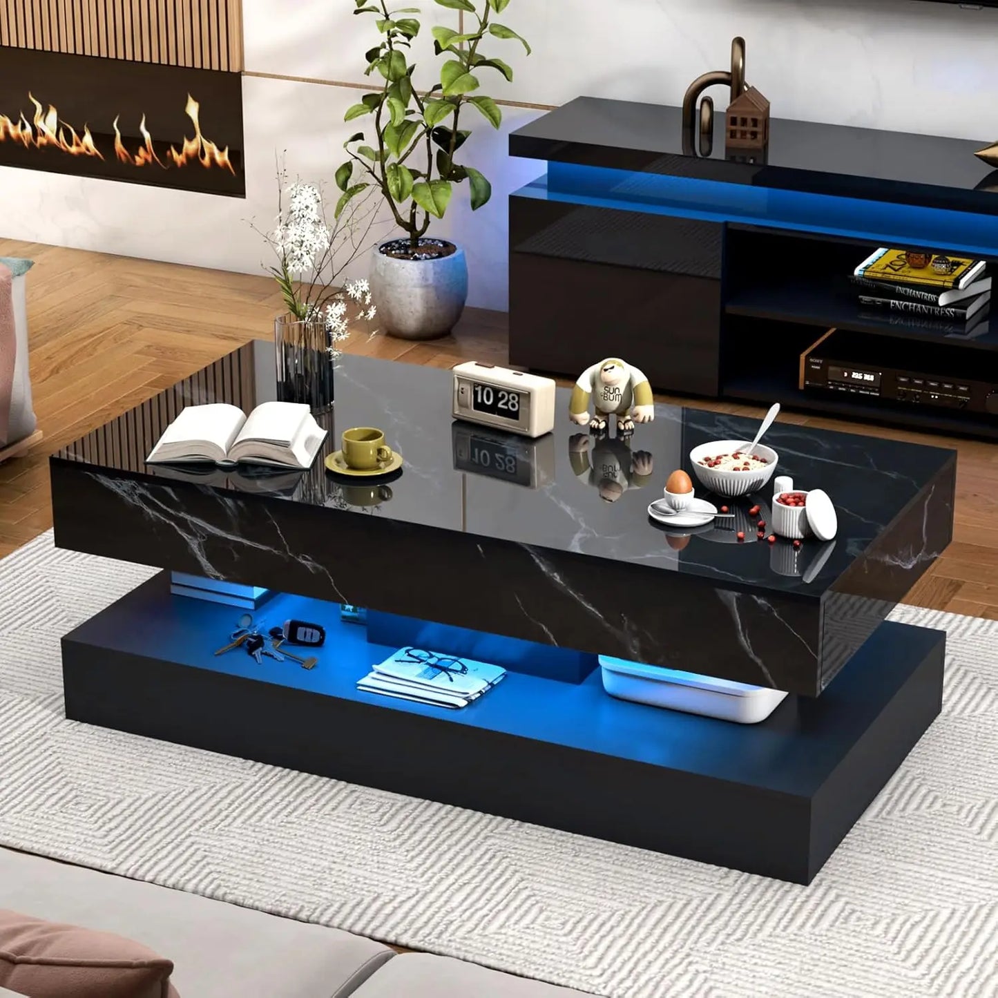 Double-Layer Design for Living Room Coffee Table with 2 Storage Drawers