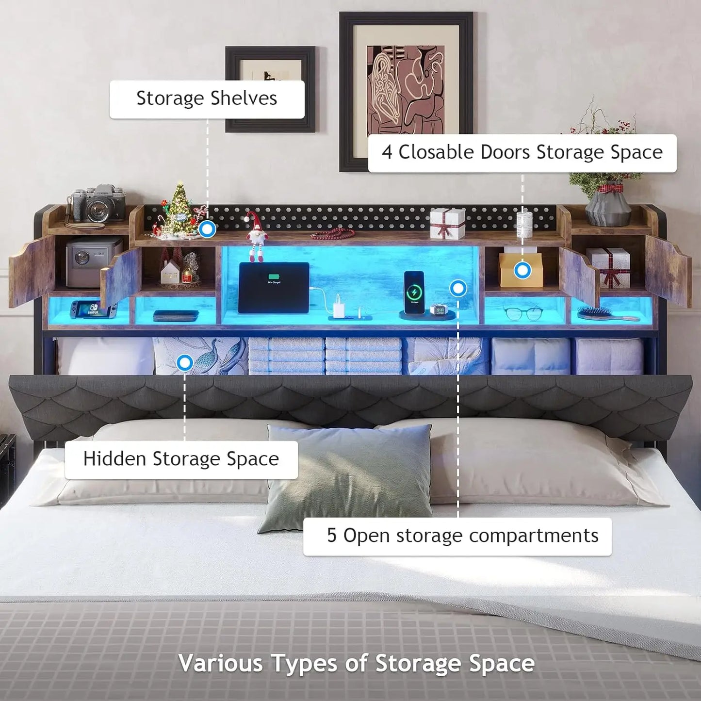 California King Floating Bed Frame with Storage Headboard