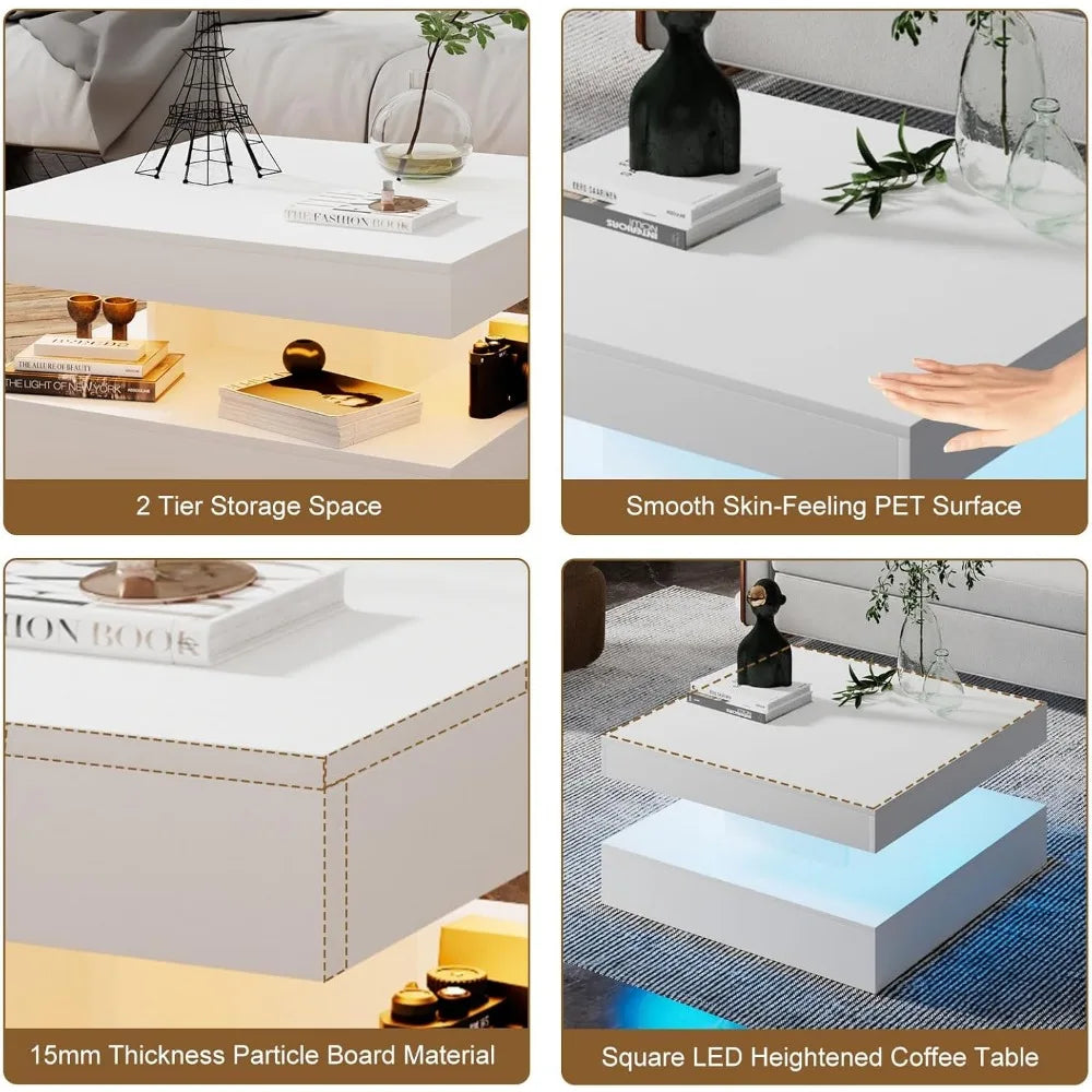 2-Tier LED Coffee Table with Storage