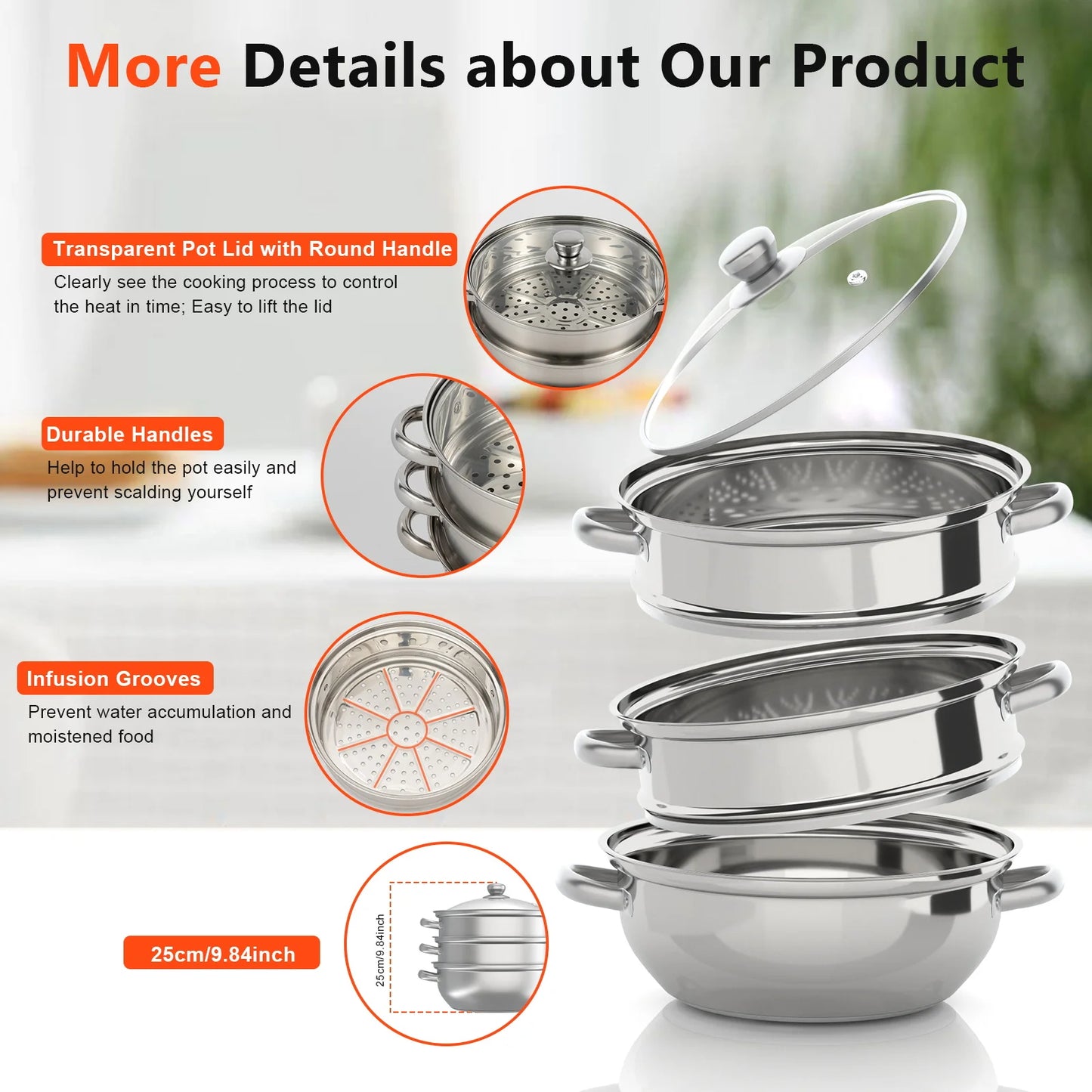 multi-function 3 Tier Large Stainless-Steel Steamer