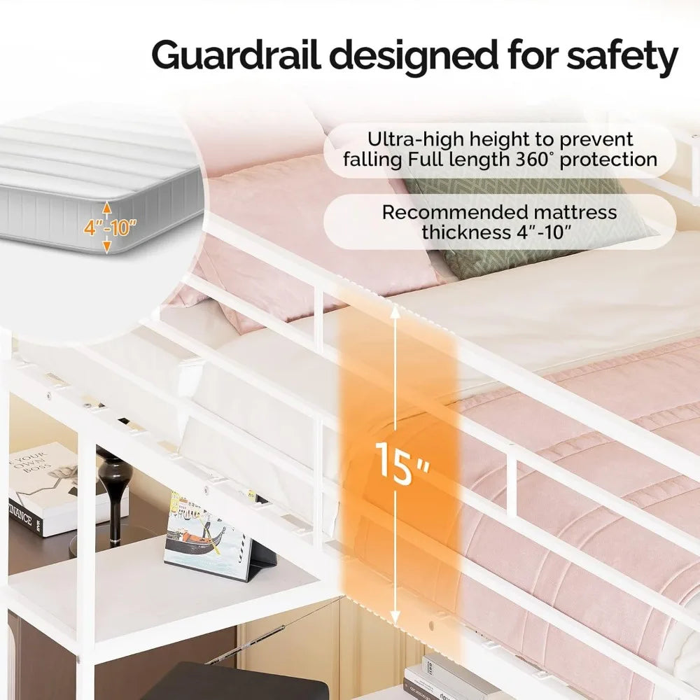 Twin Metal Loft Bed Frame With 15" Safety Guardrail