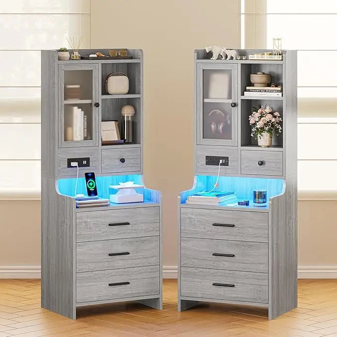 49.2" Black Nightstand Set of 2 with Charging Station