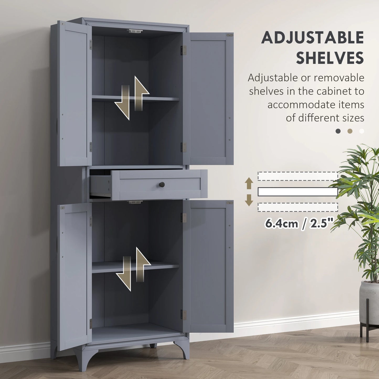 67" 4-Door Kitchen Pantry with Drawer and Adjustable Shelves Gray