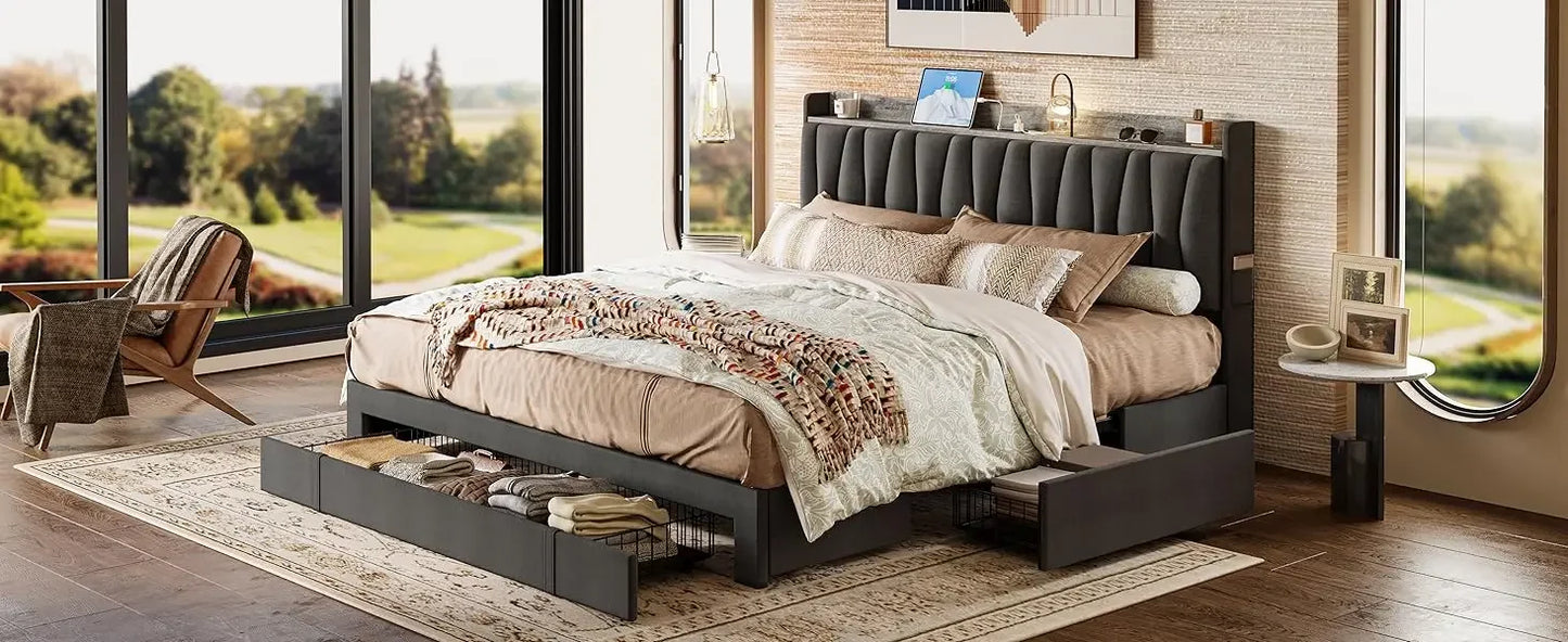 King Size Bed Frame with Storage Headboard and Charging Station