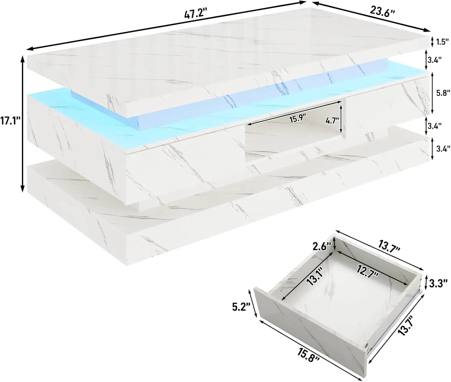 47.2-inch High Glossy LED Coffee Table with 2 Sliding Drawers