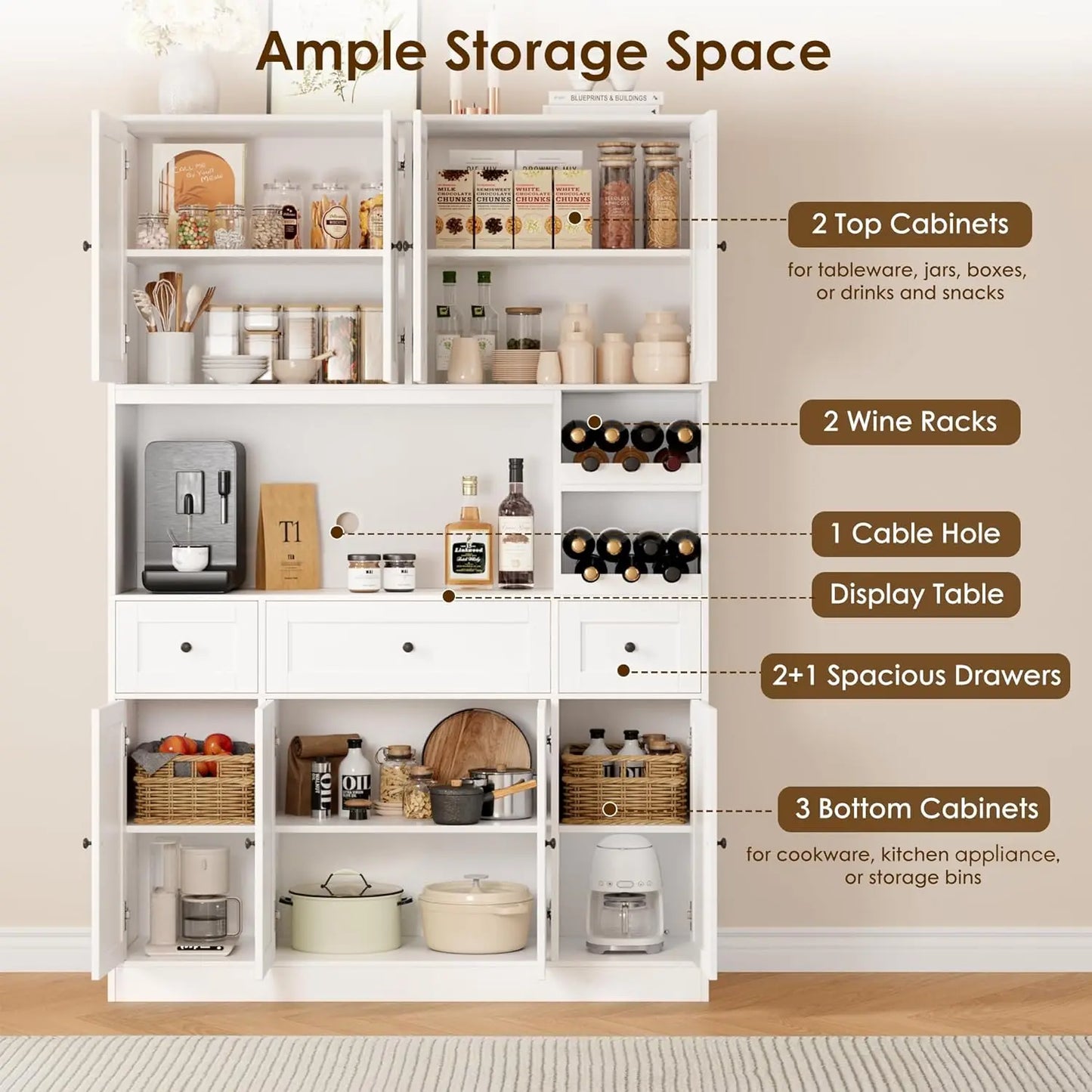 72" Tall Kitchen Pantry Storage Cabinet with Wine Rack