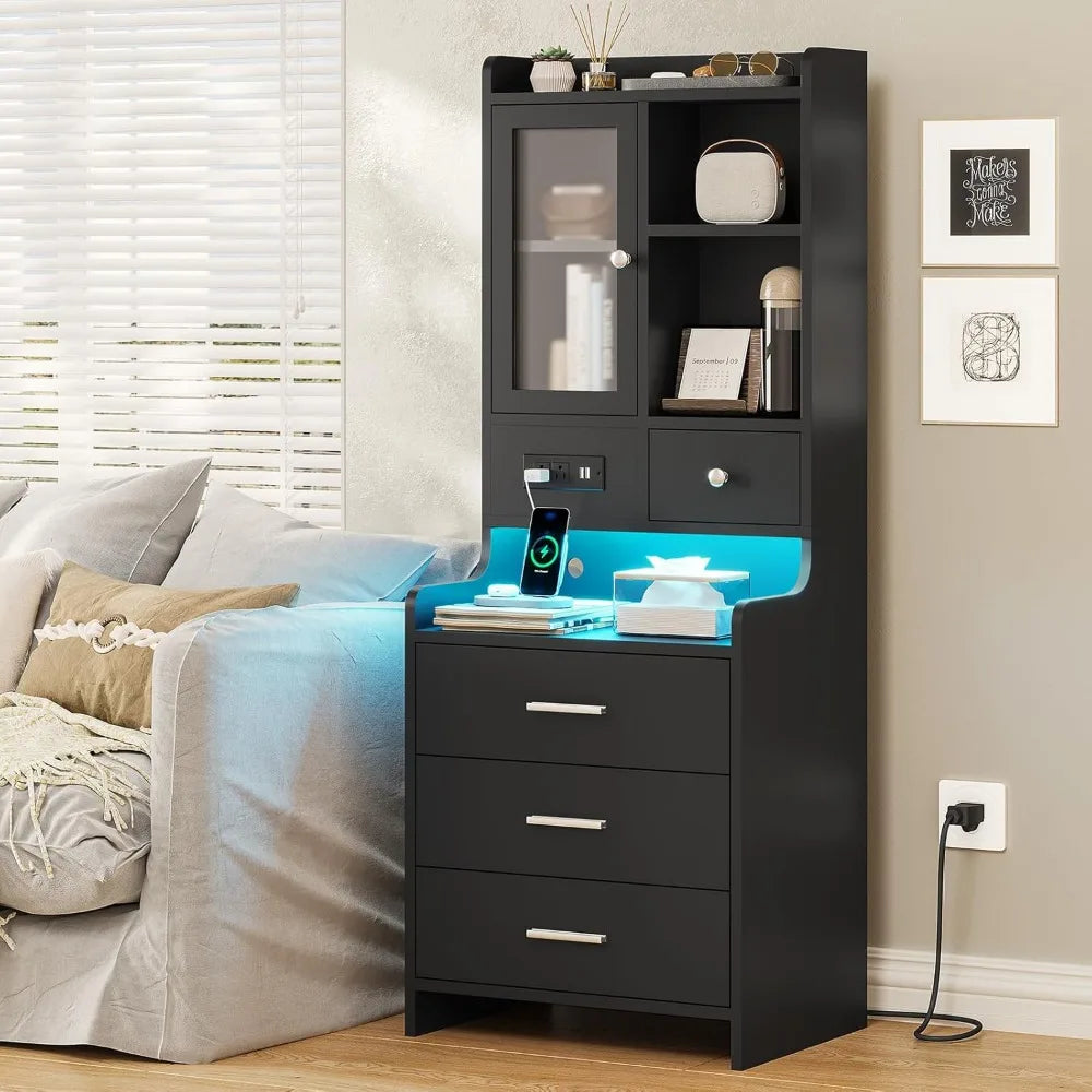 49.2" Black Nightstand Set of 2 with Charging Station