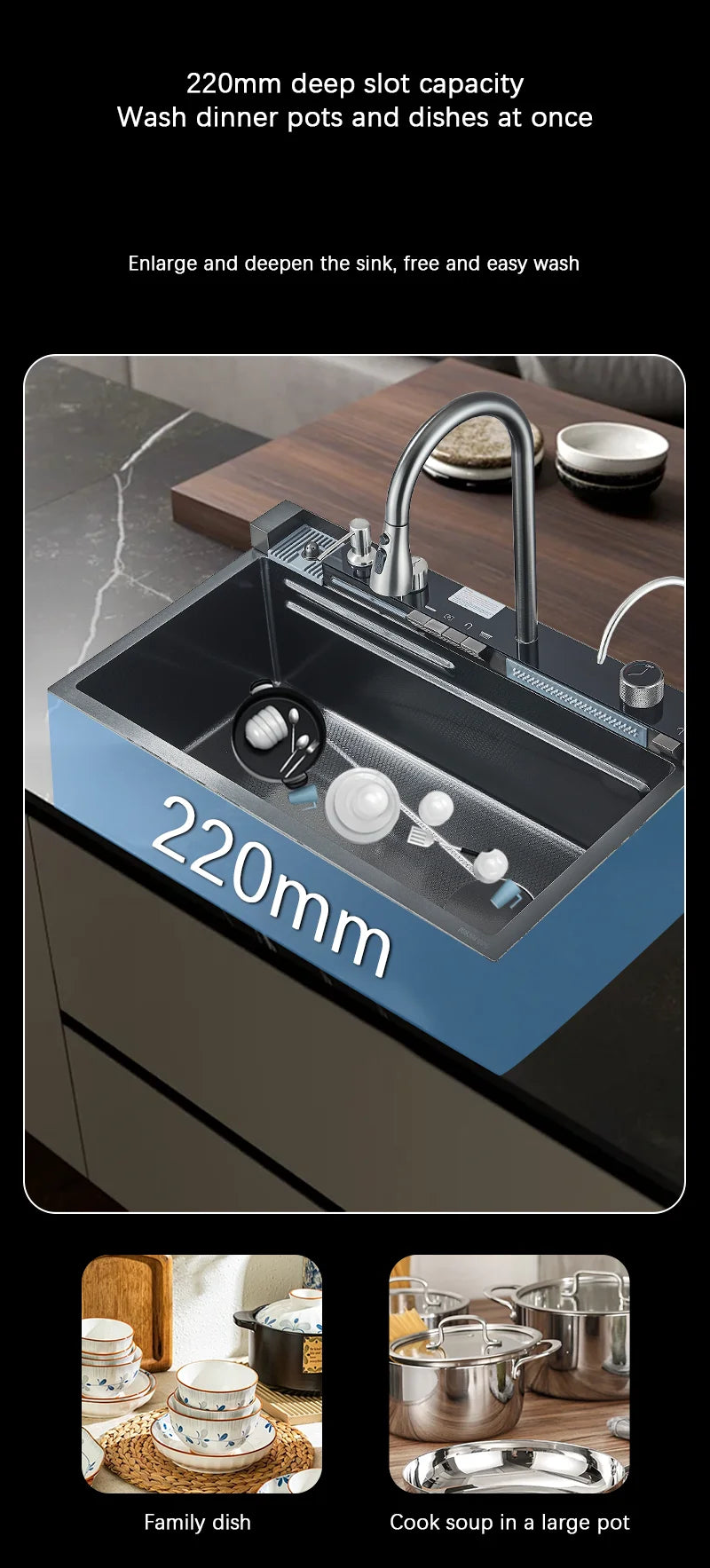 304 Stainless Steel Waterfall Kitchen Sink with Digital Display