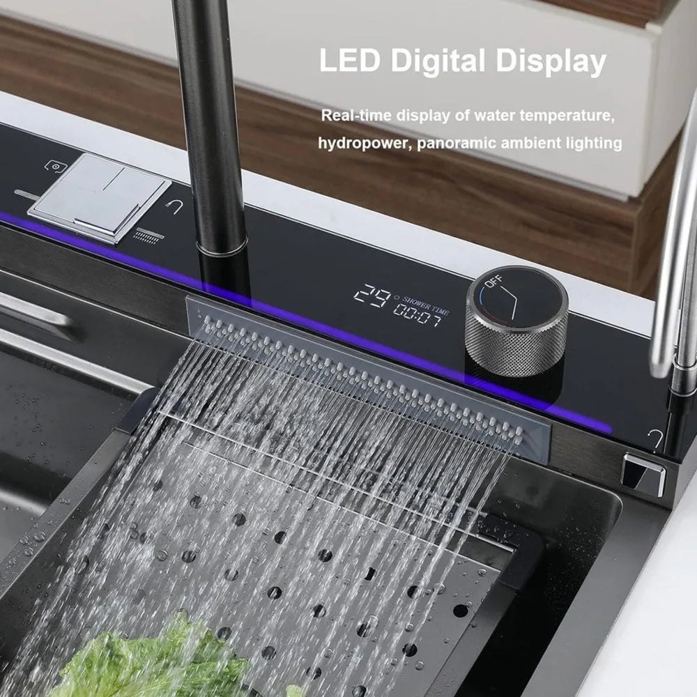 Smart Digital Display Kitchen Sink Embossed Large Single Groove 304 Stainless Steel Nano Black Raindance Waterfall Sink with Pre