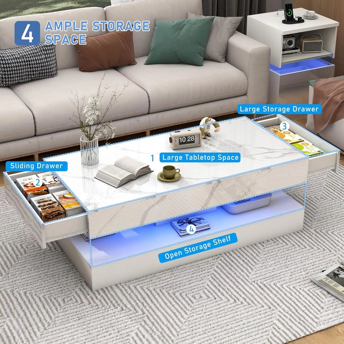 Double-Layer Design for Living Room Coffee Table with 2 Storage Drawers