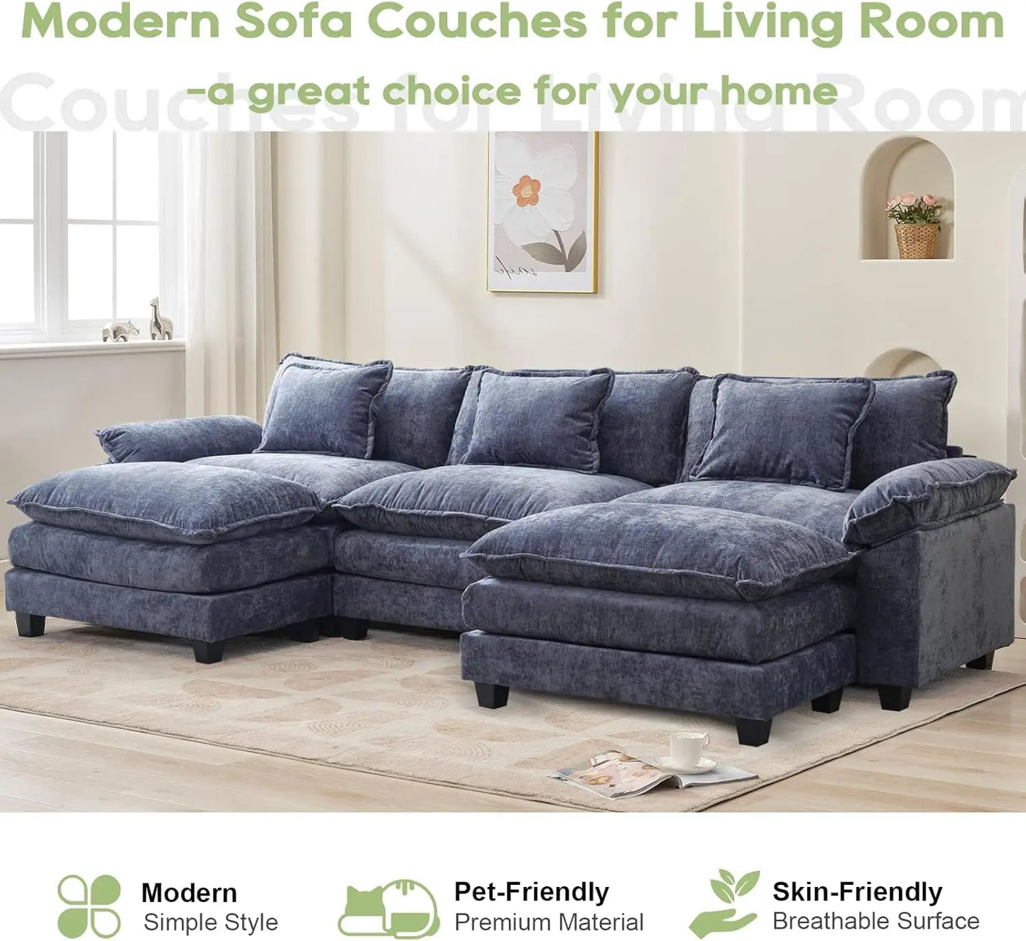 Chenille Sofa Sleeper Deep Seat Sofa with Throw Pillows