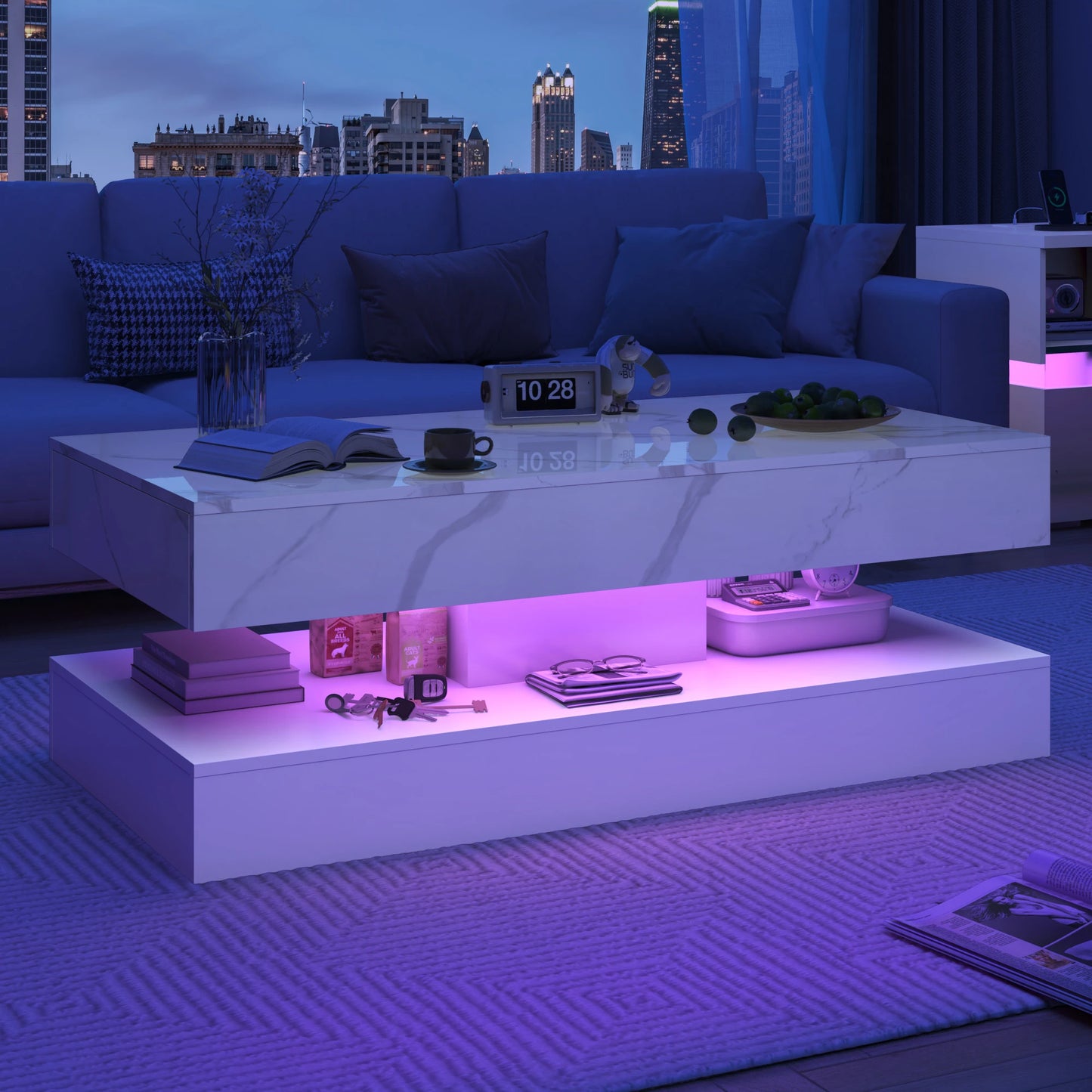Double-Layer Design for Living Room Coffee Table with 2 Storage Drawers