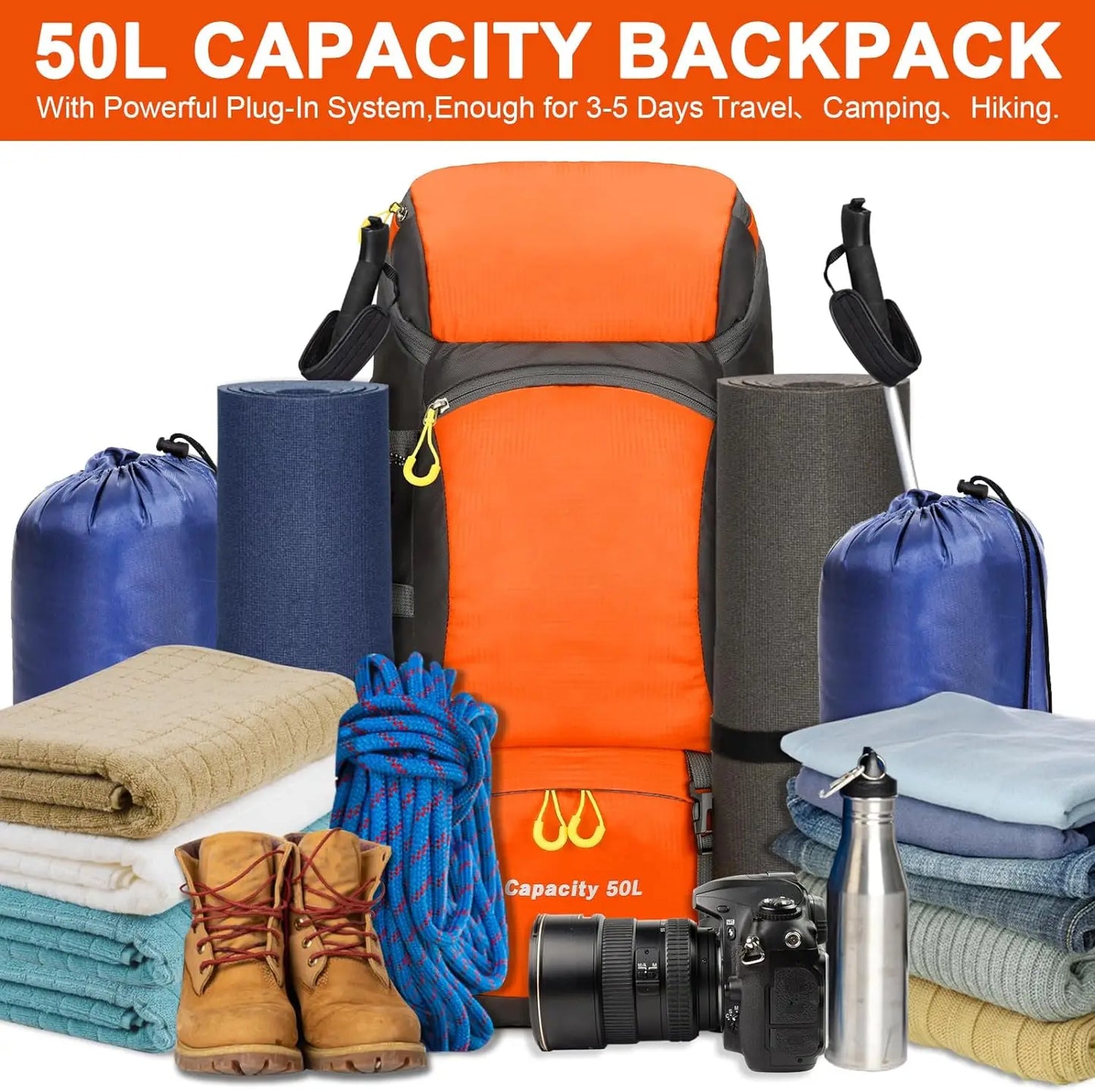 50L Lightweight Travel Backpack with Rain Cover for Hiking