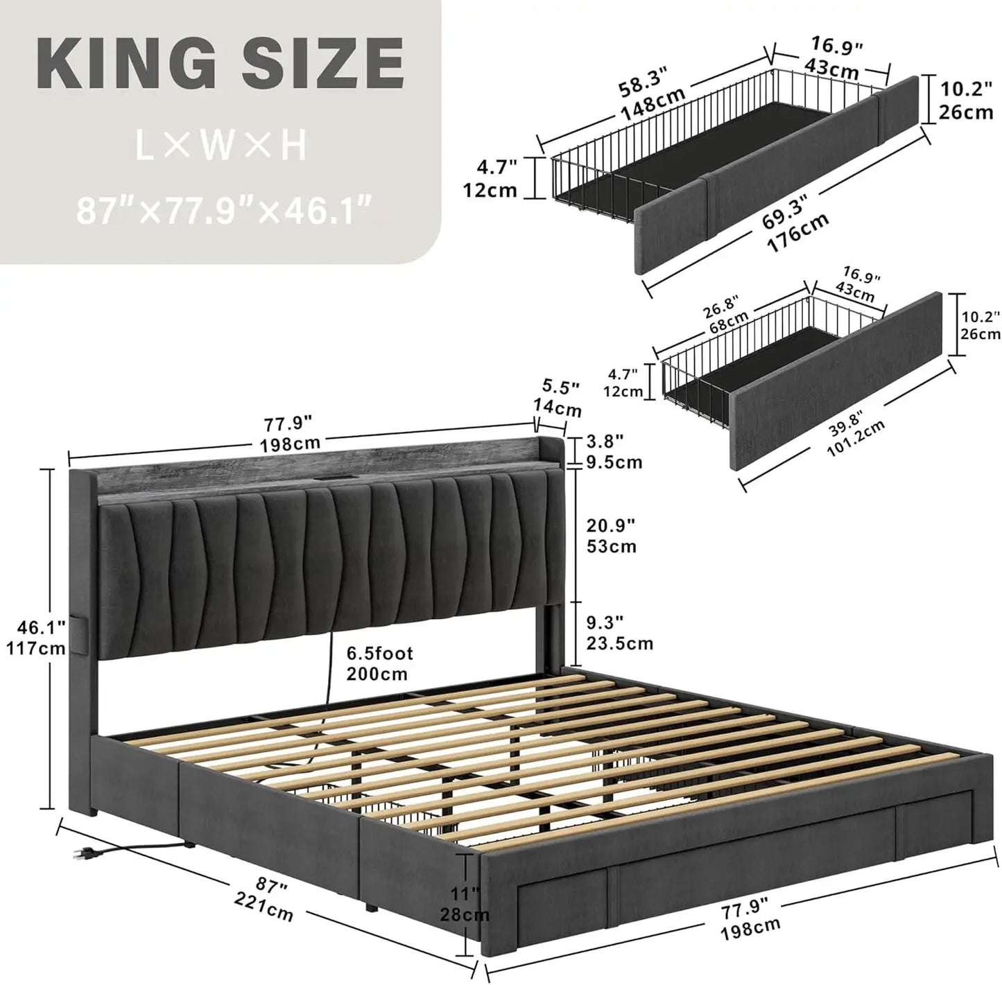 King Size Bed Frame with Storage Headboard and Charging Station