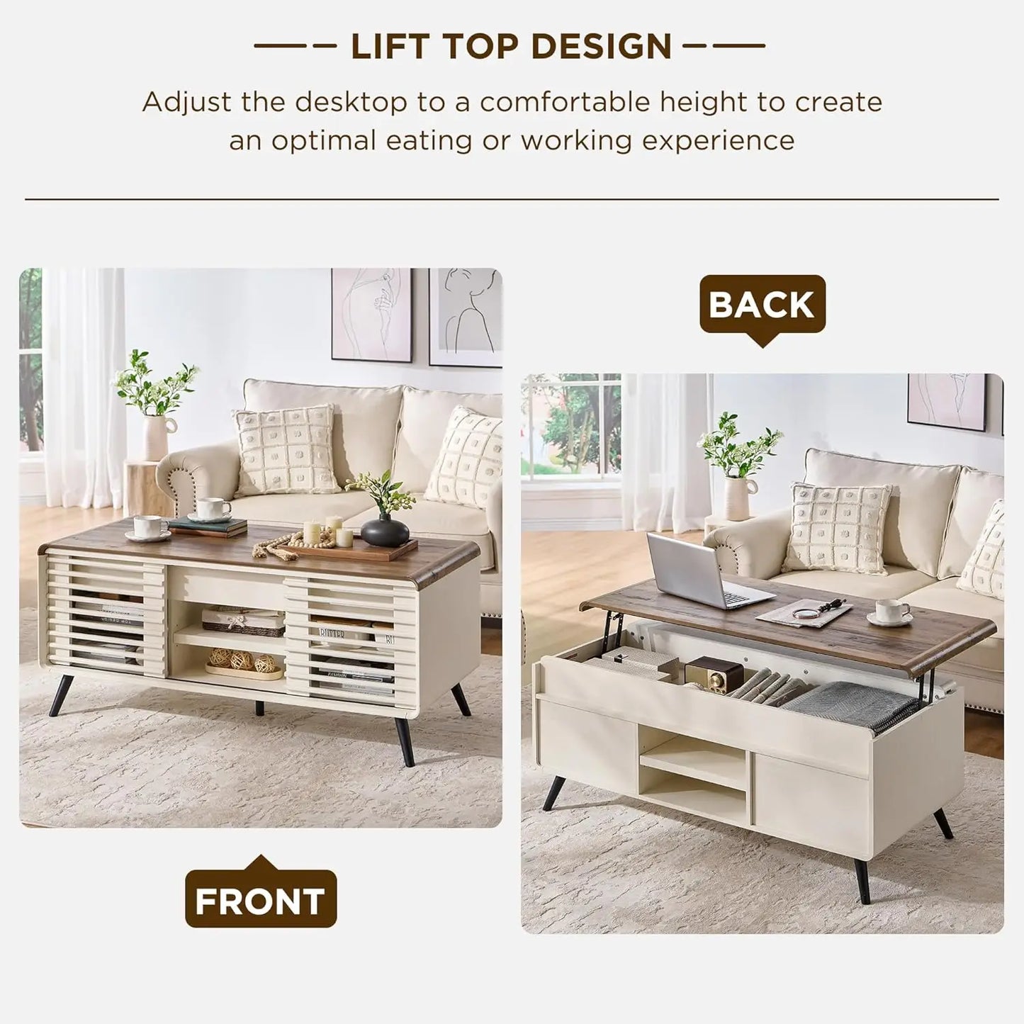 48" Lift Top Coffee Table with Slatted Sliding Door