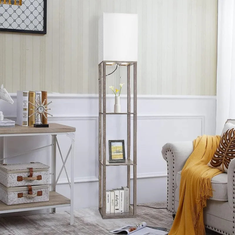 Wood Corner Floor Lamp with Shelves