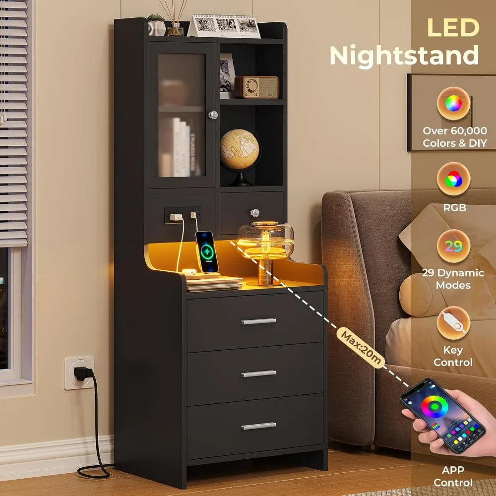 49.2" Black Nightstand Set of 2 with Charging Station