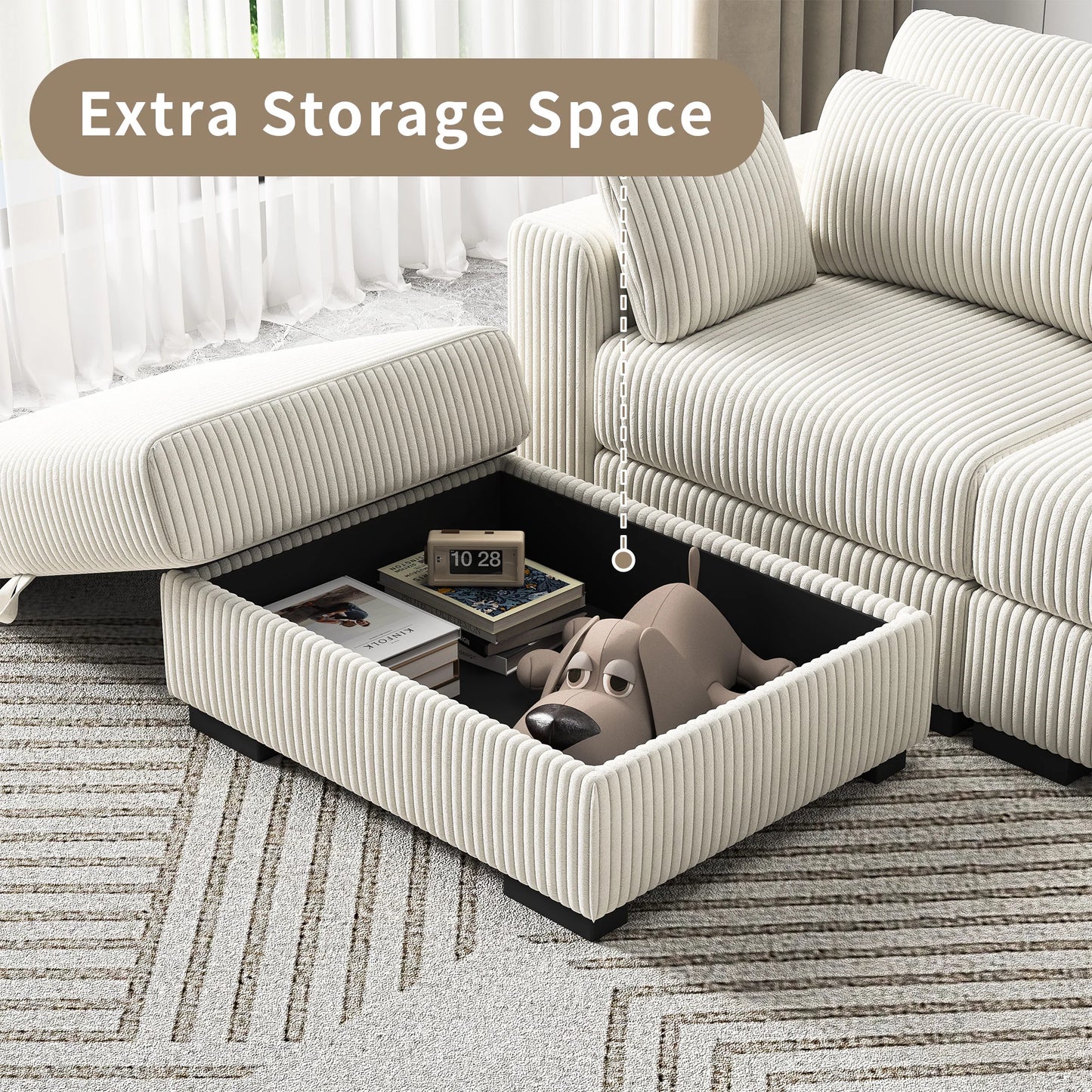 Upholstered Sofa Made of Corduroy Fabric with Removable Cushions