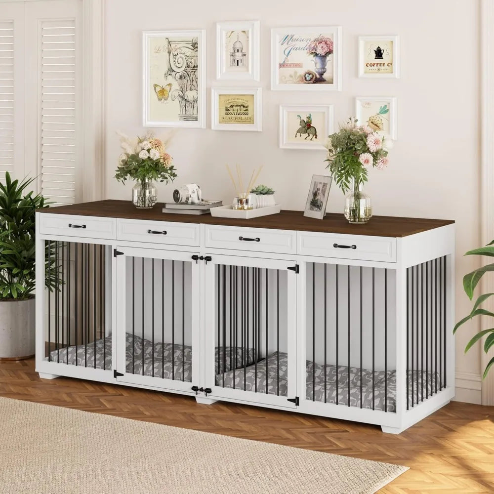 92.9" Super Large Dog Crate Furniture, with 4 Drawers and Divider