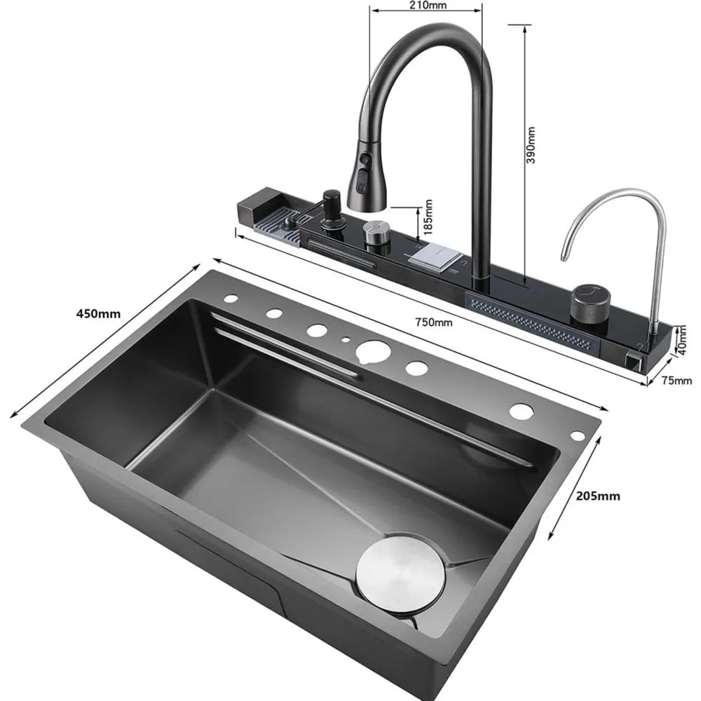 Smart Digital Display Kitchen Sink Embossed Large Single Groove 304 Stainless Steel Nano Black Raindance Waterfall Sink with Pre