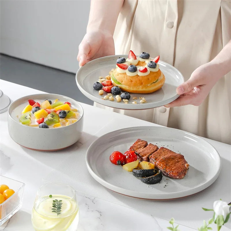18Pcs Grey Ceramic Plates and Bowls Dinnerware Set.