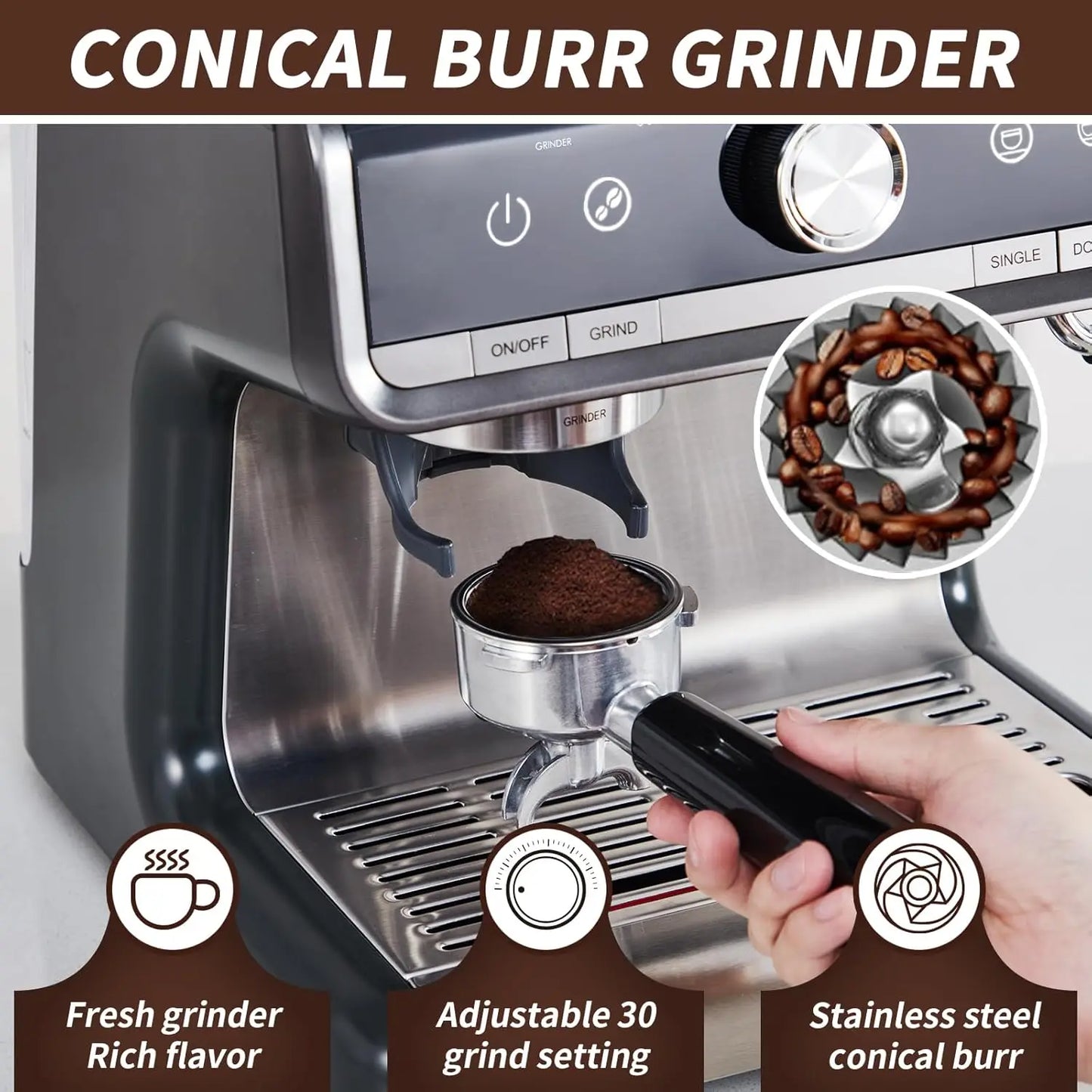 Espresso Machine with Grinder with Milk Frothier Steam Wand