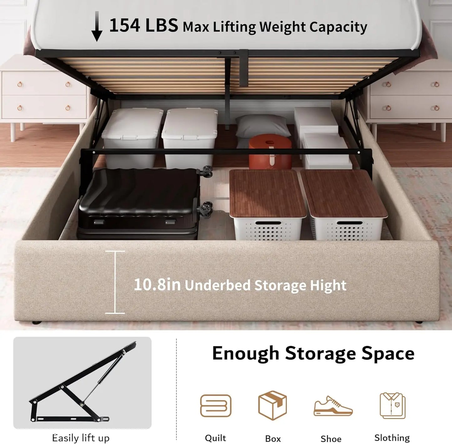 Queen Size Lift Up Storage Bed Frame with Charging Station
