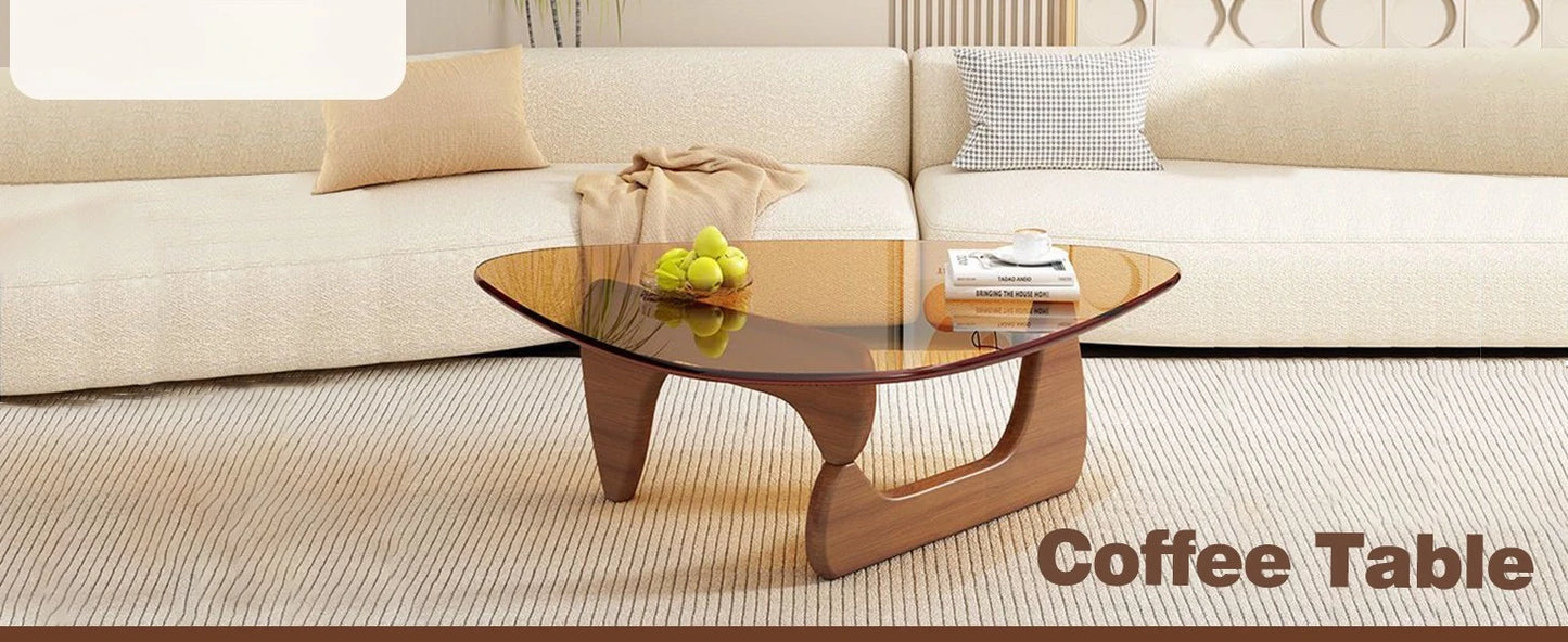 Triangle Glass Coffee Table with Wooden Base for Study Room Office Hotel