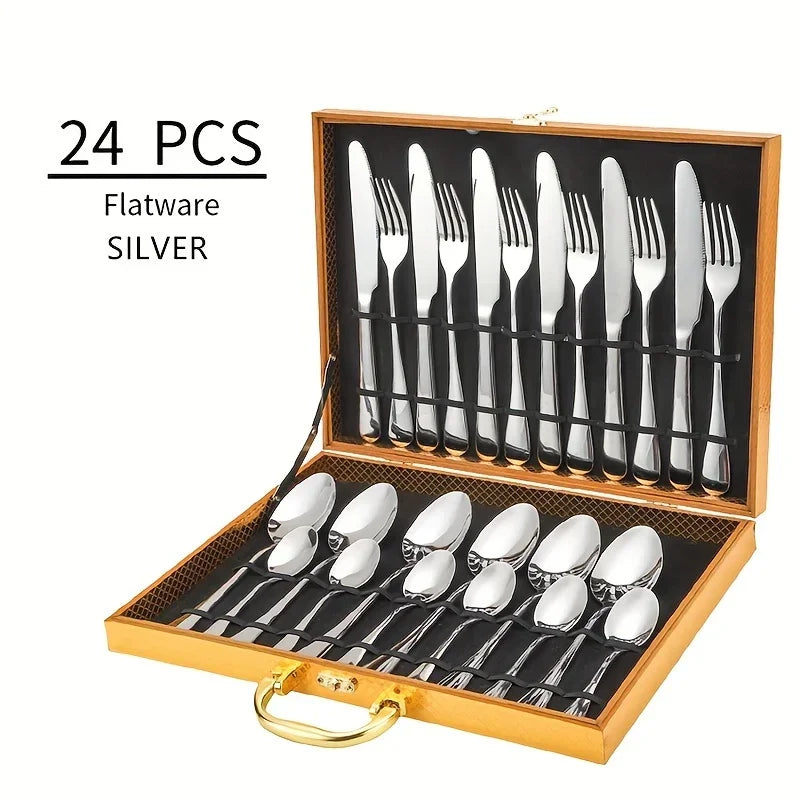 24pcs Elegant Stainless Steel Black Flatware Set.
