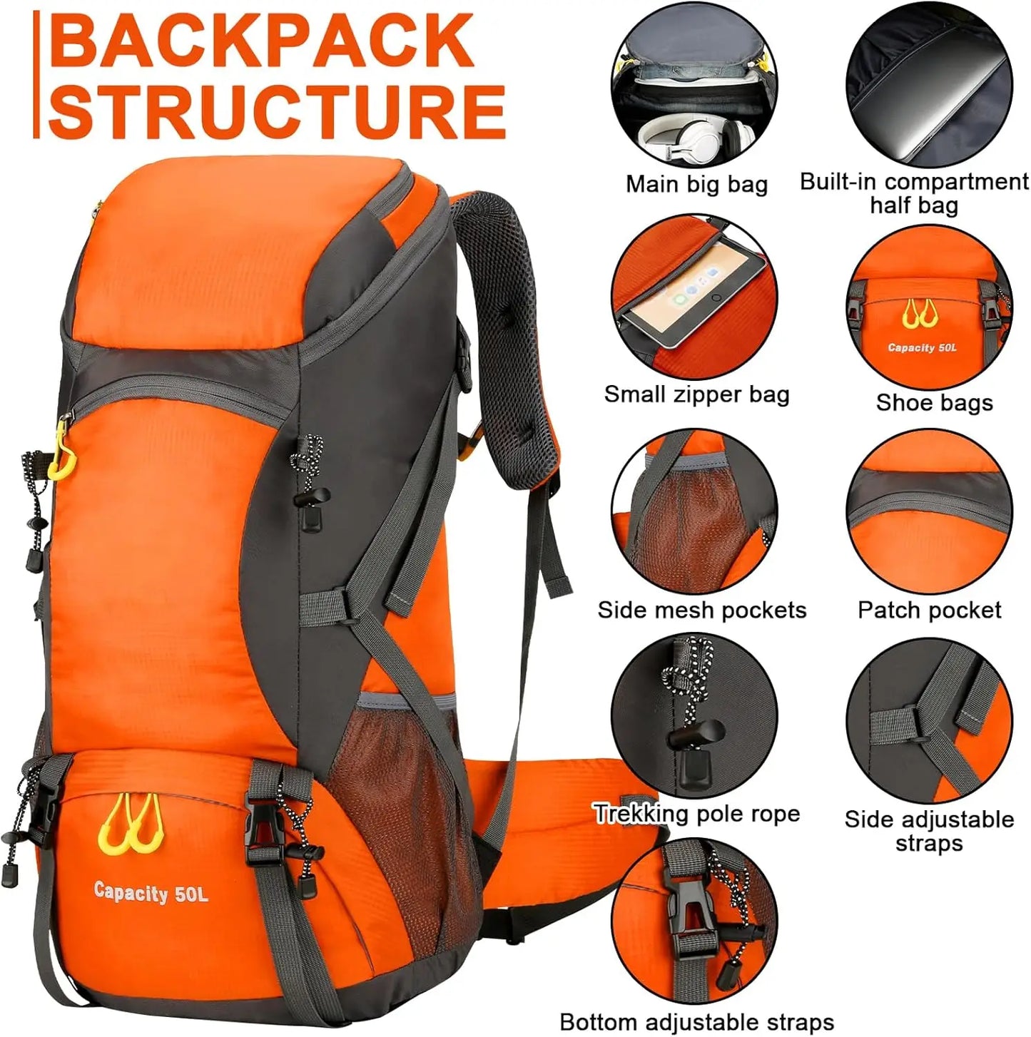 50L Lightweight Travel Backpack with Rain Cover for Hiking