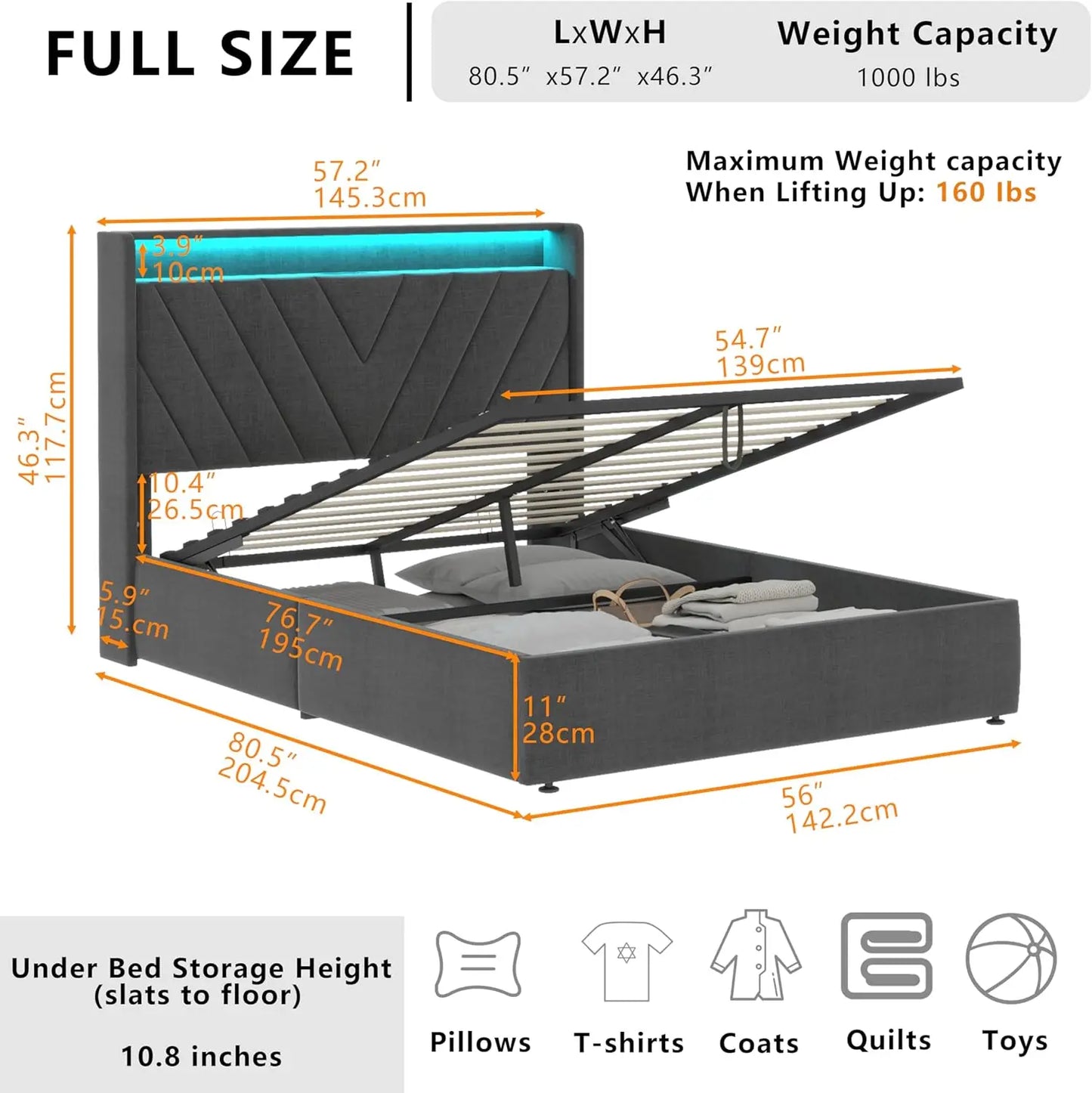 Full Lift Up Bed Frame with Charging Station & LED Lights