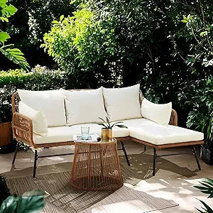 3-Piece Outdoor Patio Furniture Set with Thick Cushions, Glass Coffee Table