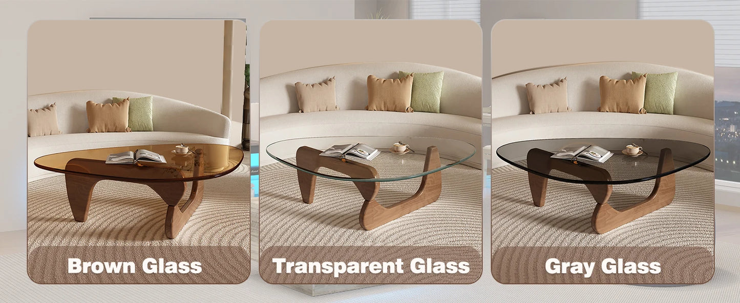 Triangle Glass Coffee Table with Wooden Base for Study Room Office Hotel