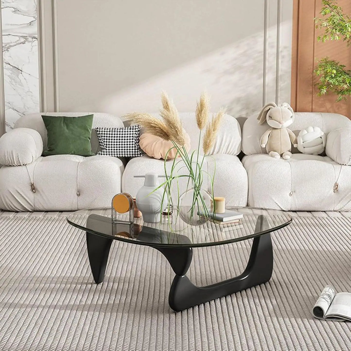 Triangle Glass Coffee Table with Wooden Base for Study Room Office Hotel