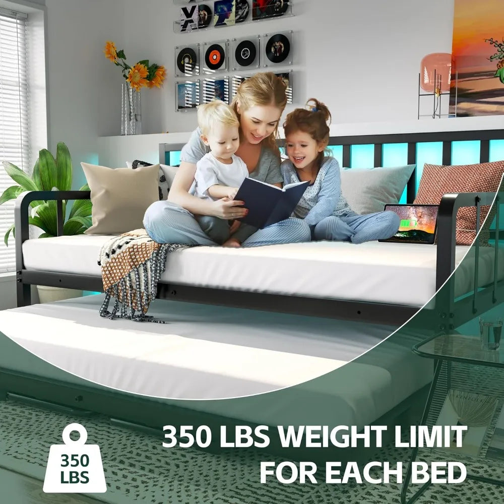 Twin Bed Frame with Charging Station and LED Lights