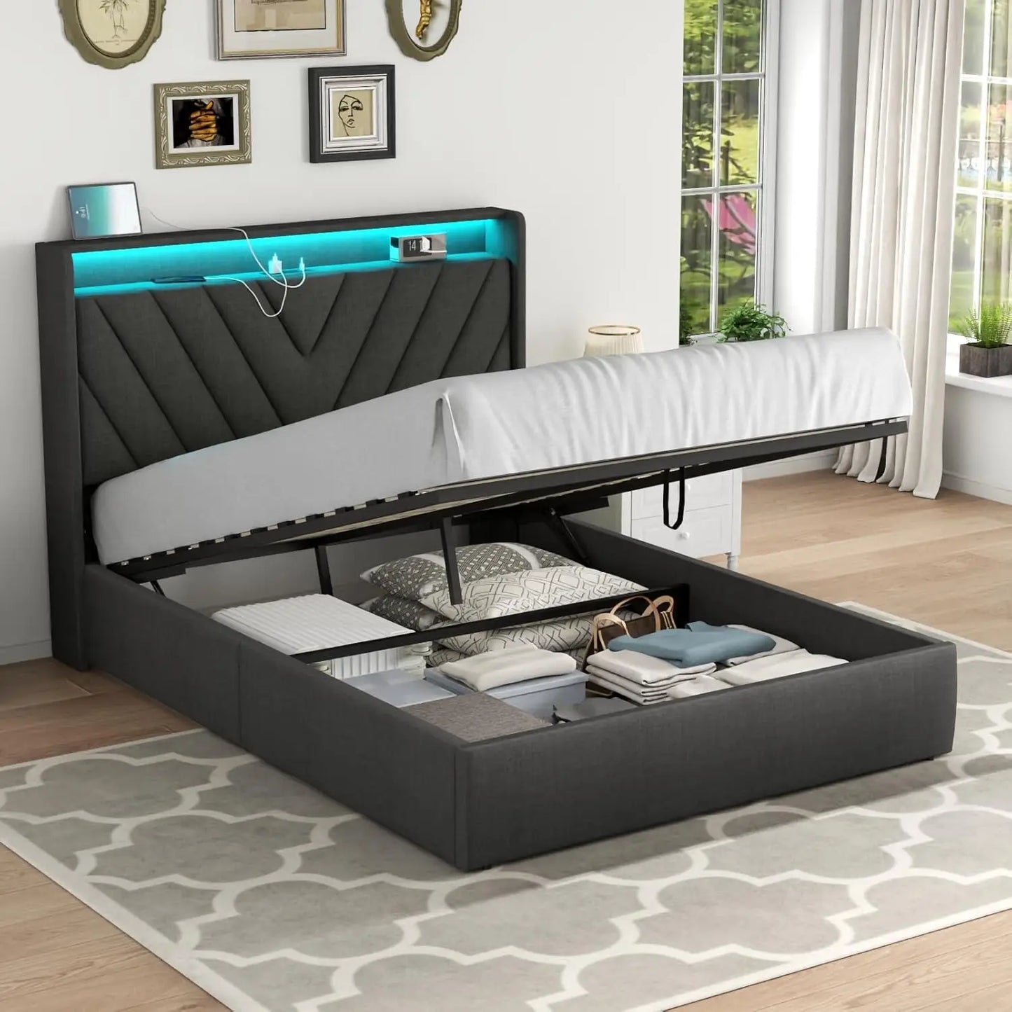 Full Lift Up Bed Frame with Charging Station & LED Lights