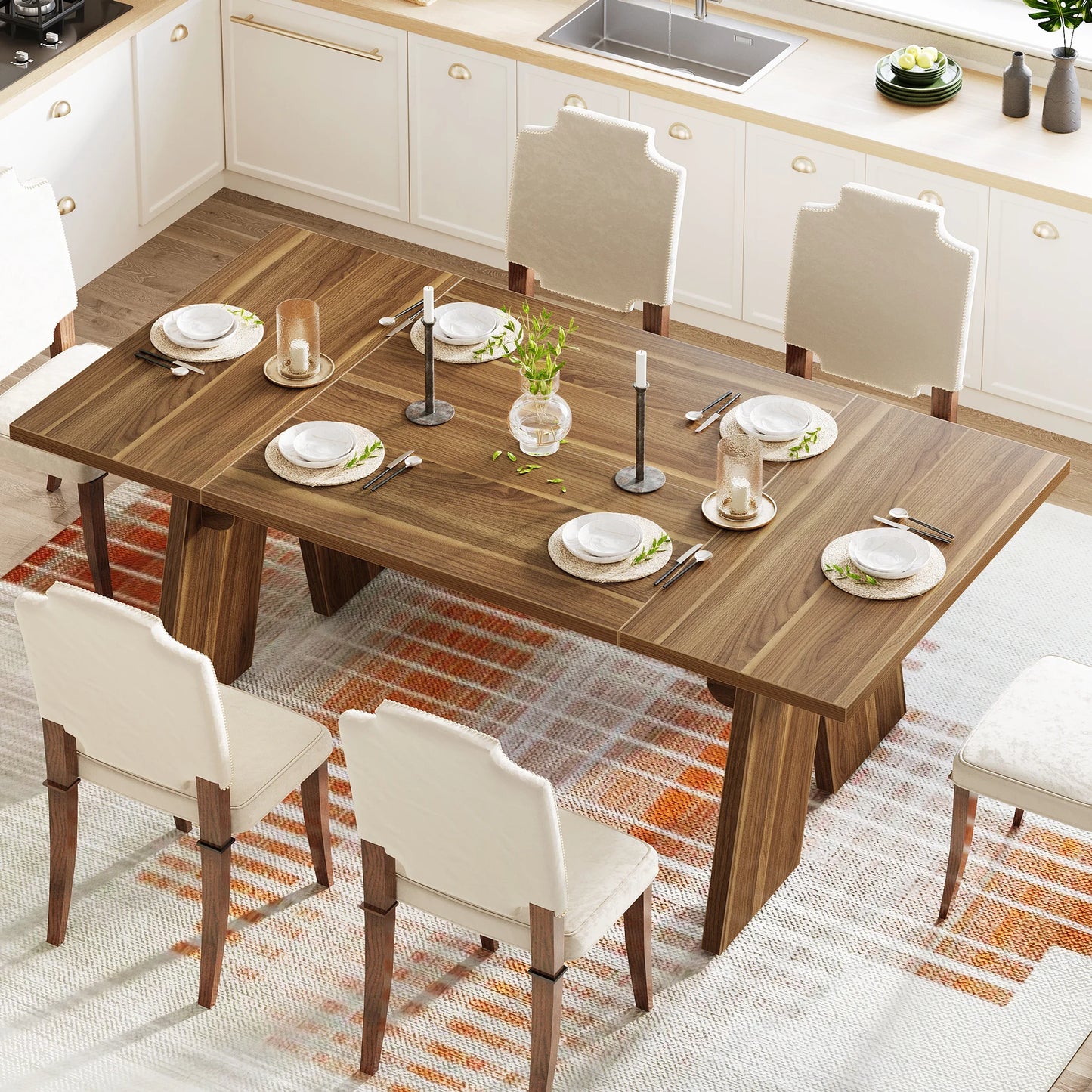 71" Large Dining Table Rectangular Dining Table with Solid Wood Legs