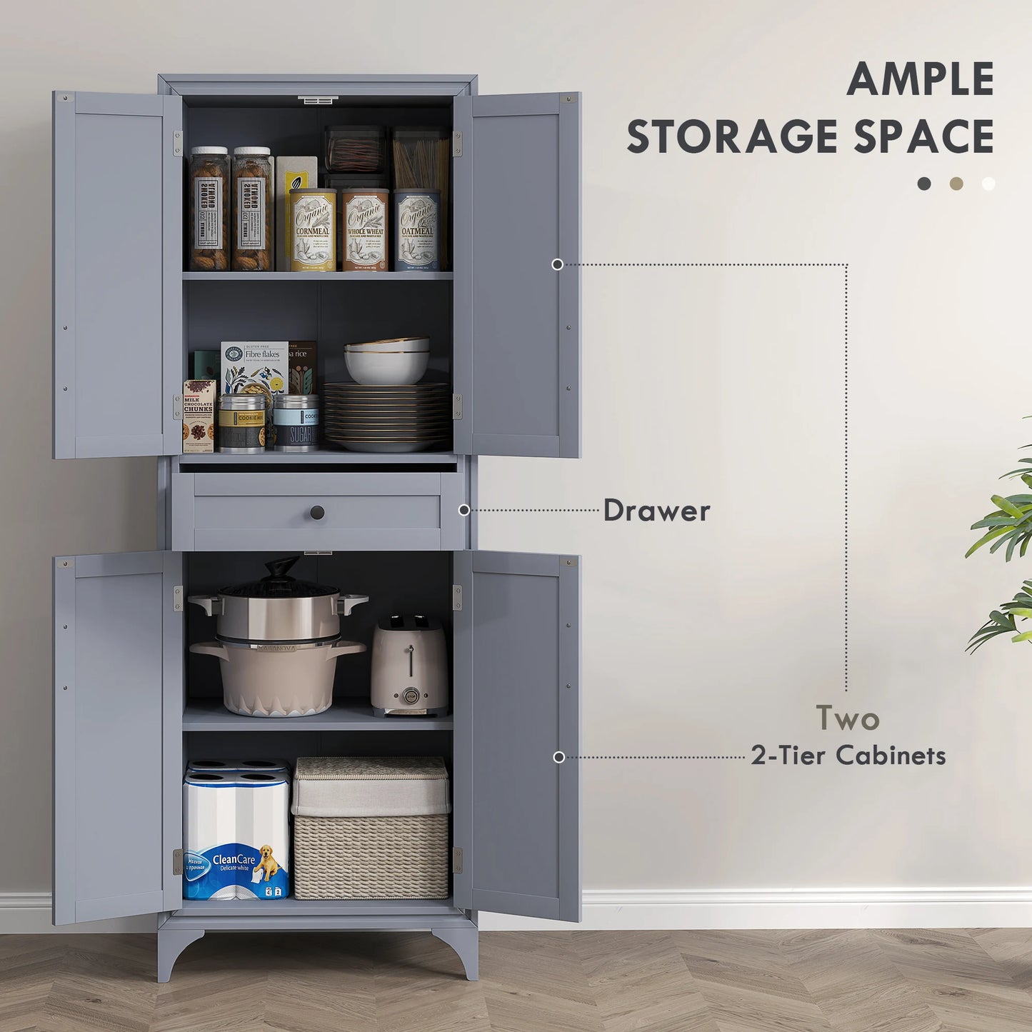 67" 4-Door Kitchen Pantry with Drawer and Adjustable Shelves Gray