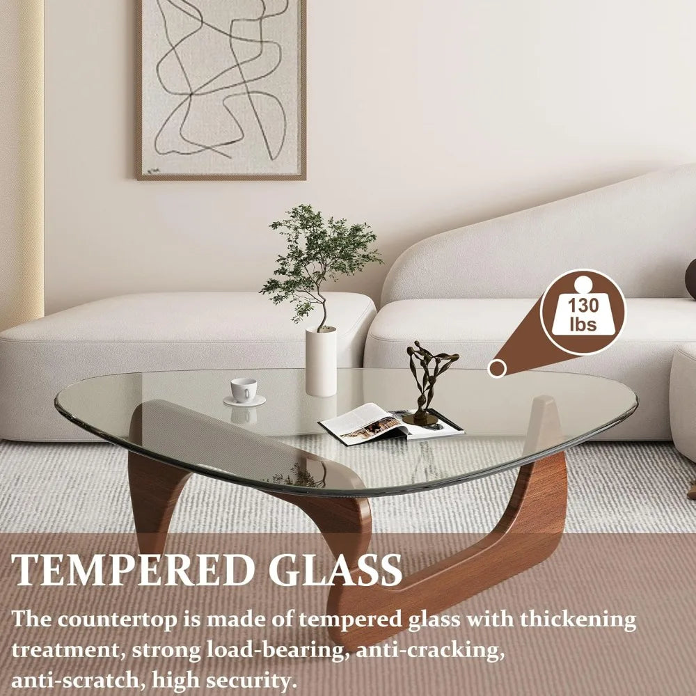 Triangle Glass Coffee Table with Wooden Base for Study Room Office Hotel