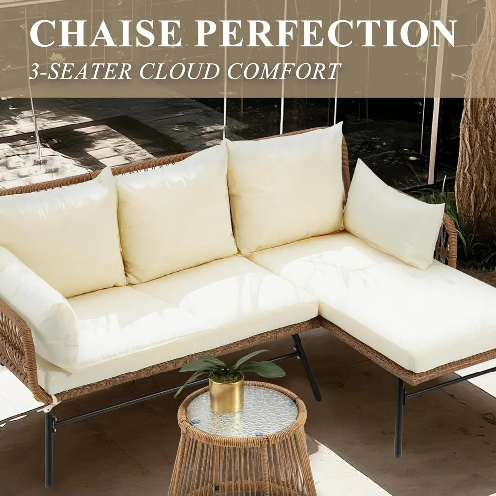 3-Piece Outdoor Patio Furniture Set with Thick Cushions, Glass Coffee Table